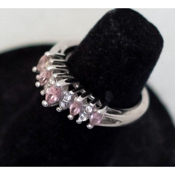 Size 5, Vintage Pink Rhinestones Abstract Silver Tone Ring by Avon - T22 - Picture 2 of 3